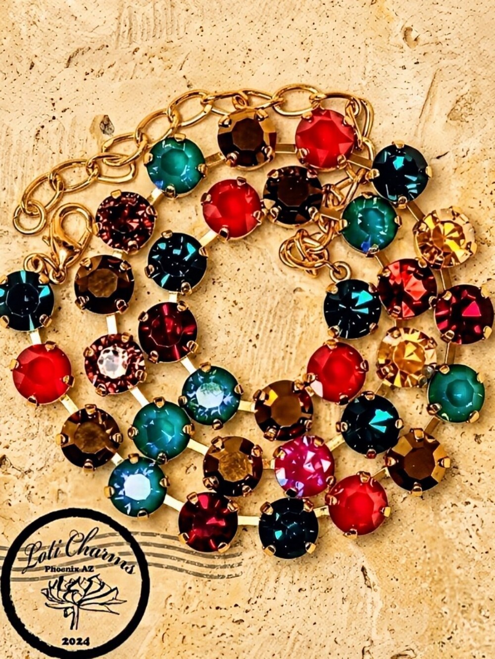 Perfect Christmas Crystal Necklace Of Green, Red & Gold In Gold Plated Or Brass